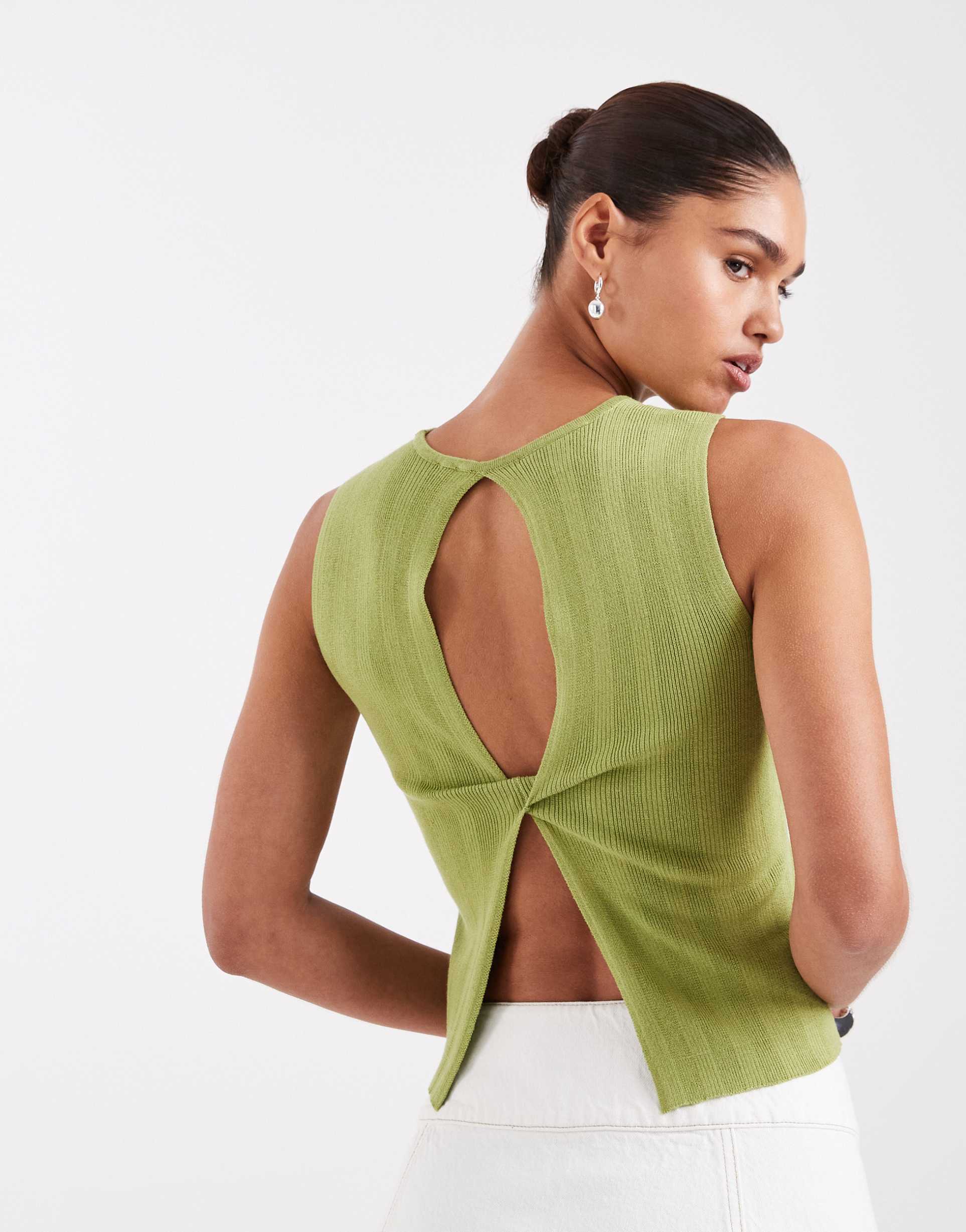 jjxx twist back knit top in avocado green
