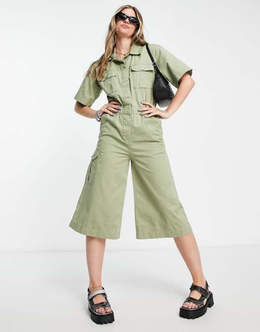 JJXX utility cropped jumpsuit in khaki ASOS