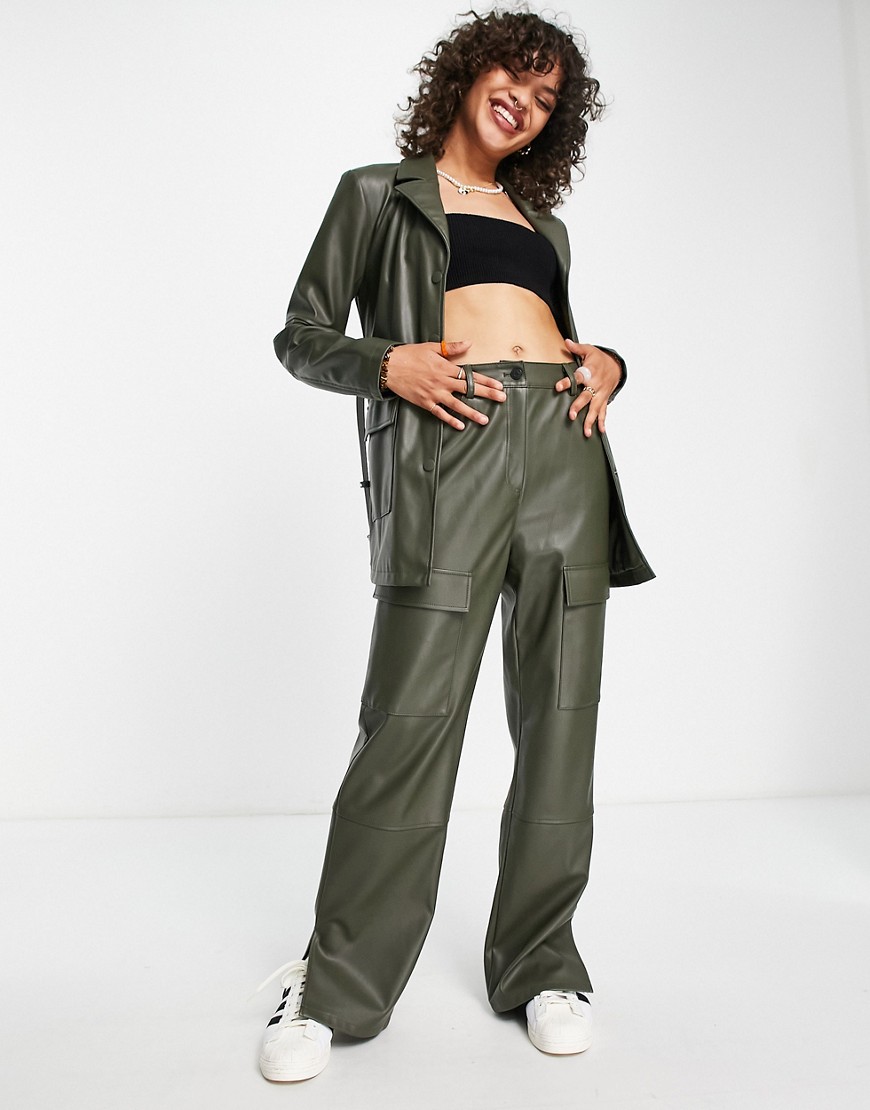 JJXX utility faux leather cargo trousers co-ord in dark green