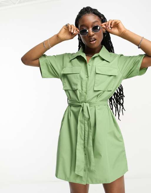 JJXX utility mini shirt dress with tie waist in green