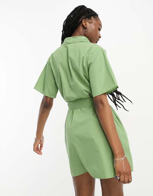 JJXX utility mini shirt dress with tie waist in green