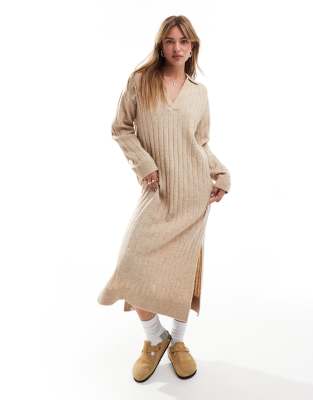 V-neck collared knit ribbed dress in cream-White