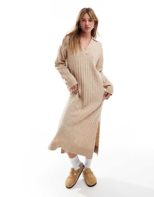 JJXX V-neck collared knit ribbed dress in cream