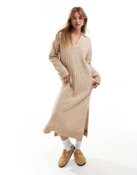JJXX v neck collared knitted ribbed dress in cream - view 1
