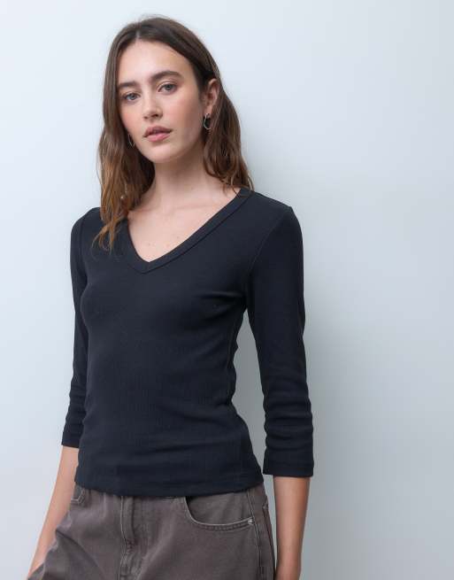 JJXX v neck ribbed three quarter top in black, 2 of 4