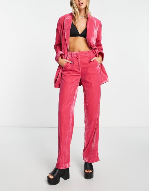 JJXX velvet high waisted wide leg trousers in bright pink