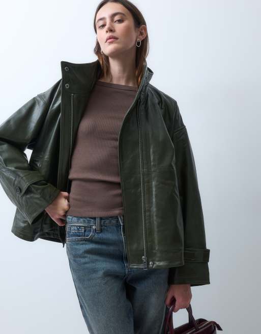 JJXX veste en cuir à col cheminée vert sauge, 2 de 4