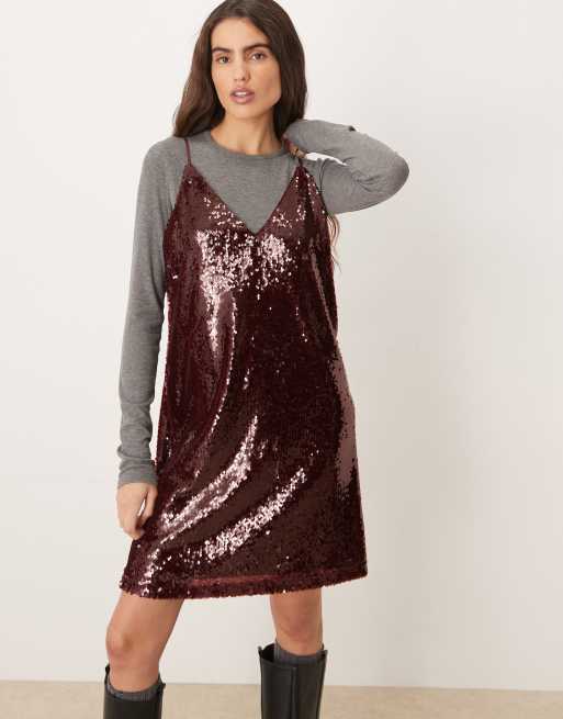 JJXX - Vestito corto color bordeaux con paillettes 