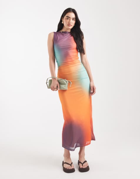 JJXX - Vestito in rete stampata blu e arancione con spacco - view 1