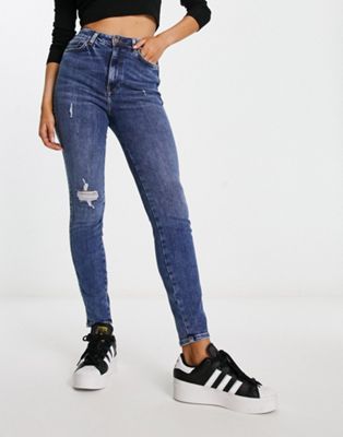 JJXX Vienna premium high waisted distressed skinny jeans in mid blue