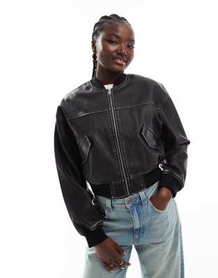 vintage faux leather bomber jacket in washed black