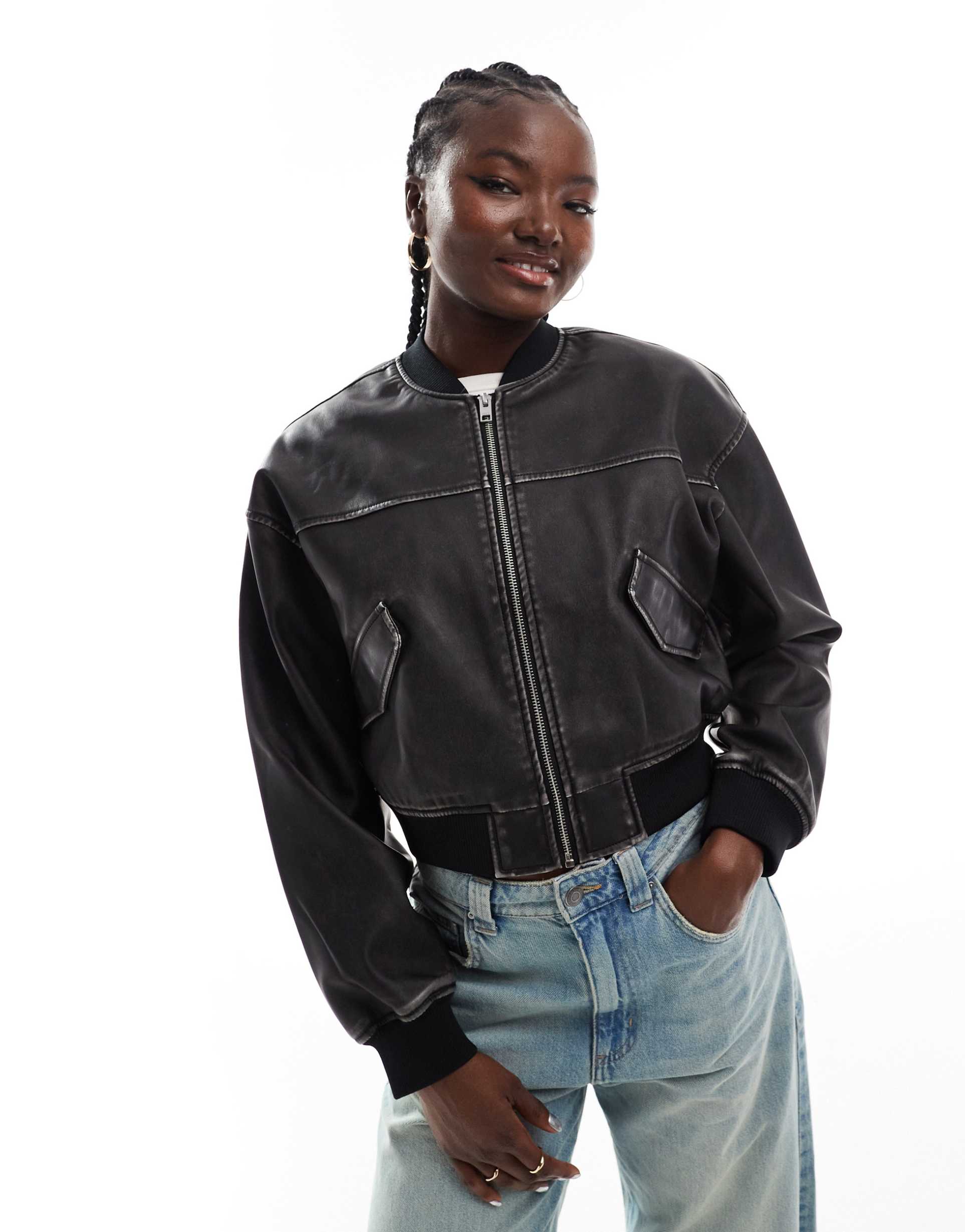 jjxx vintage faux leather bomber jacket in washed black