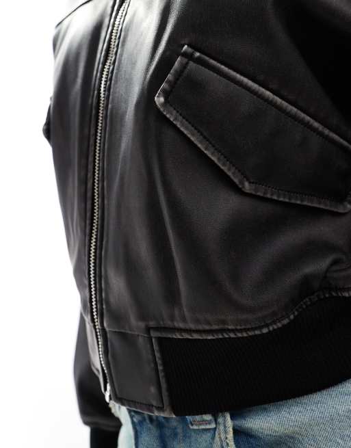 JJXX vintage faux leather bomber jacket in washed black | ASOS