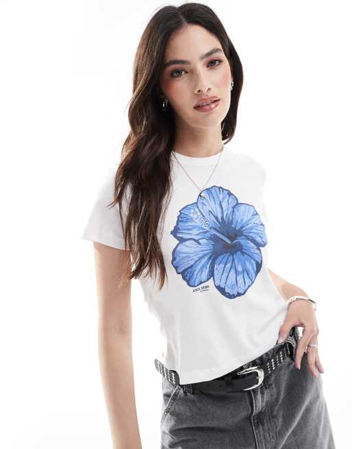 JJXX – Vit, kort t-shirt med blått blomtryck, 4 av 4