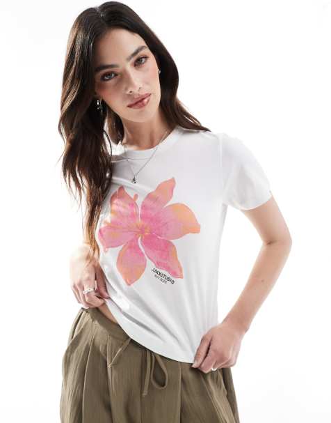 JJXX – Vit, liten t-shirt med rosa och orange blomtryck - view 1