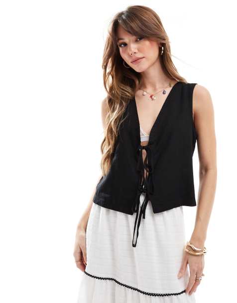 JJXX linen blend tie up waistcoat top in black
