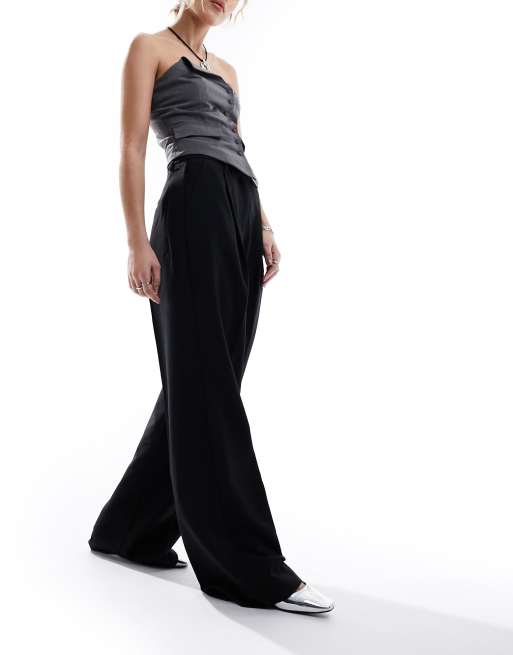 Jjxx Wide Fit High Waisted Trousers With Front Pleat In Black Asos