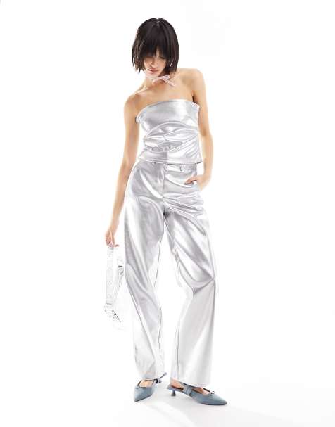 JJXX wide leg metallic pants in silver - part of a set - view 1
