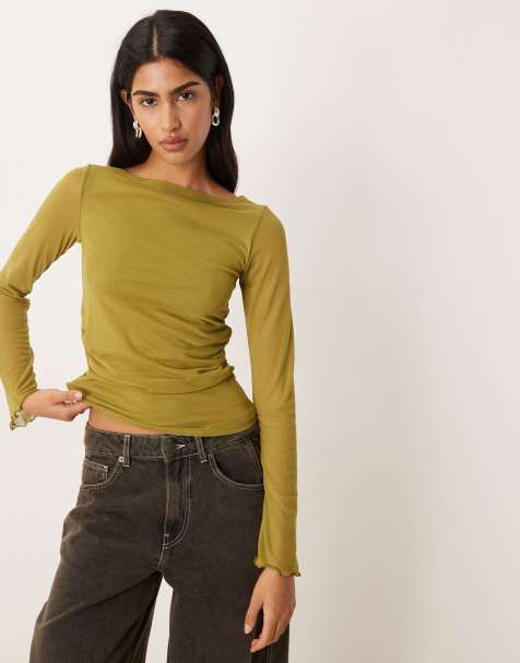JJXX wide sleeve mesh top in moss green - view 1