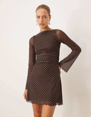 JJXX JJXX wide sleeve mini dress in brown polka dot