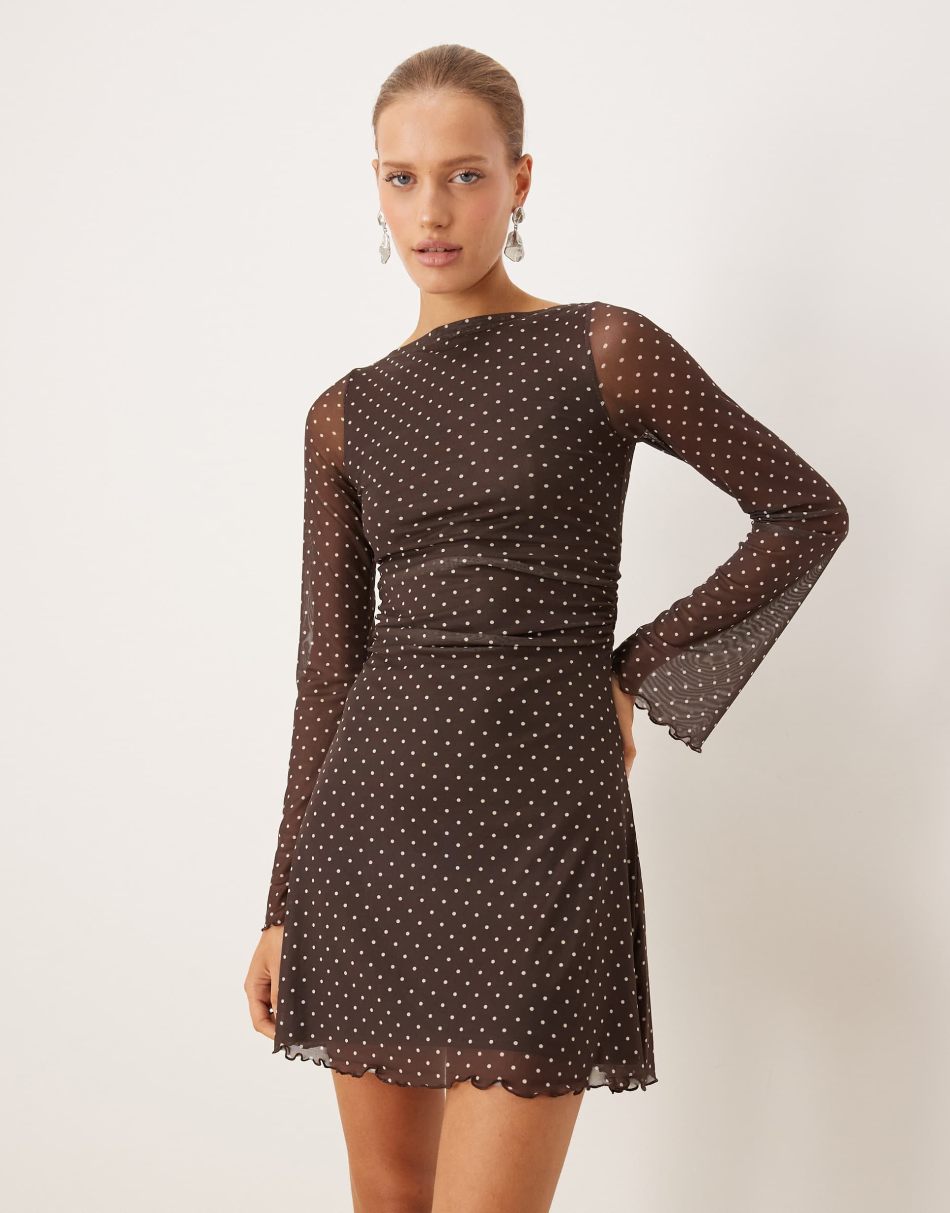 jjxx wide sleeve mini dress in brown polka dots