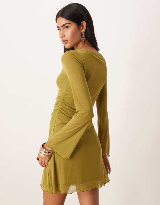 JJXX wide sleeve mini dress in moss green