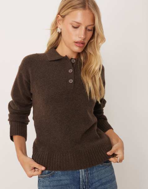 JJXX wool blend knit polo sweater in brown - view 1