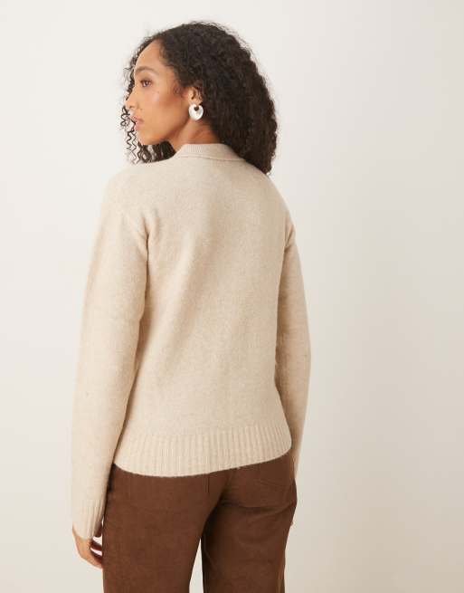 JJXX wool-blend knitted polo jumper in cream, 3 of 4