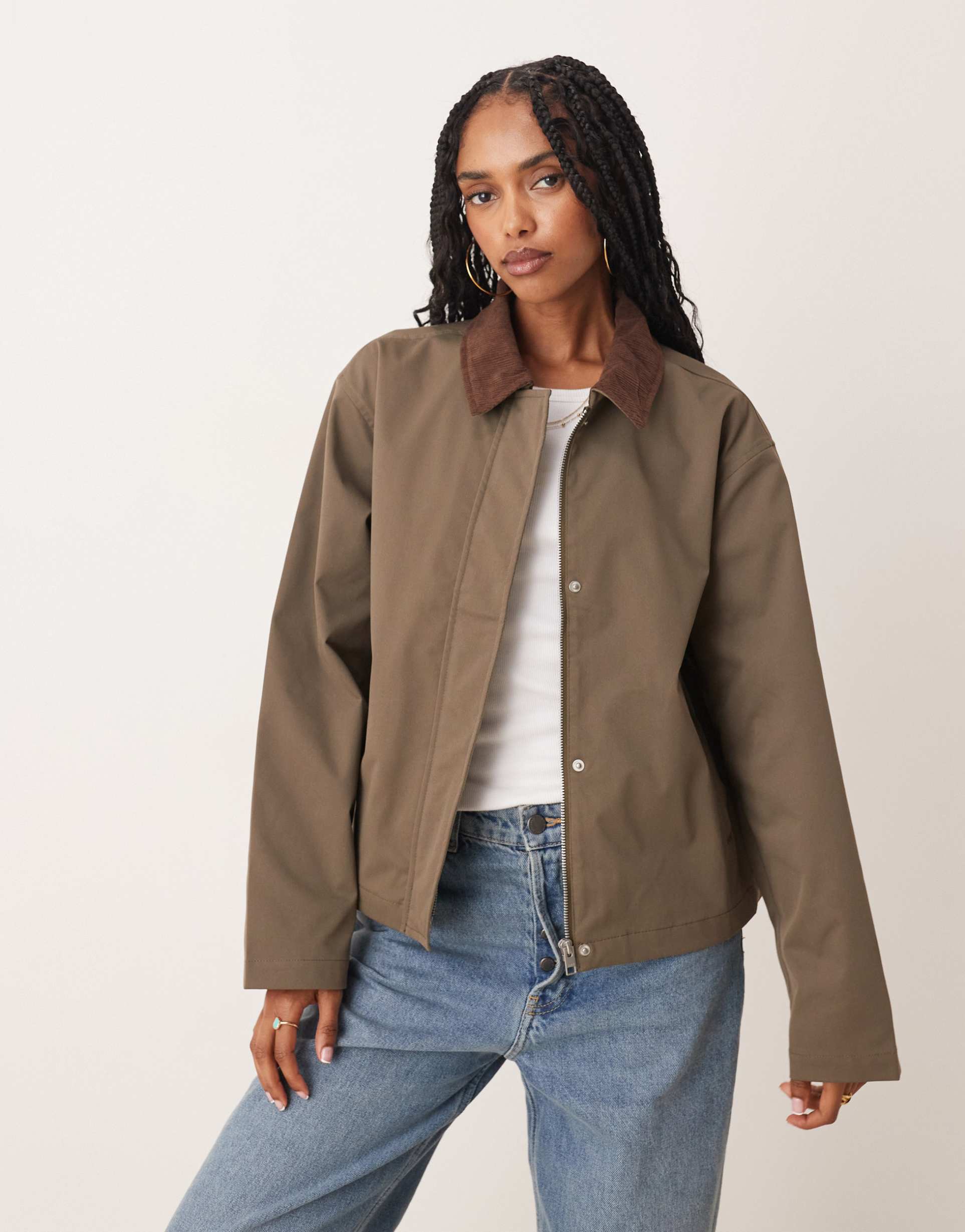 jjxx workwear barn jacket in brown with cord collar