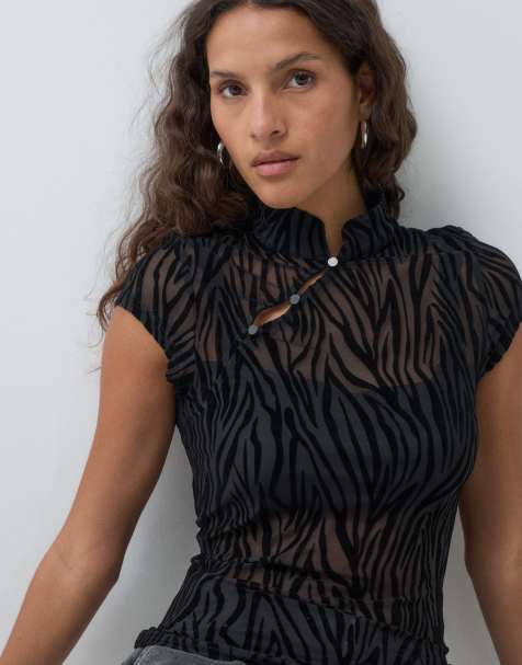 JJXX zebra flock mesh top in black - view 1
