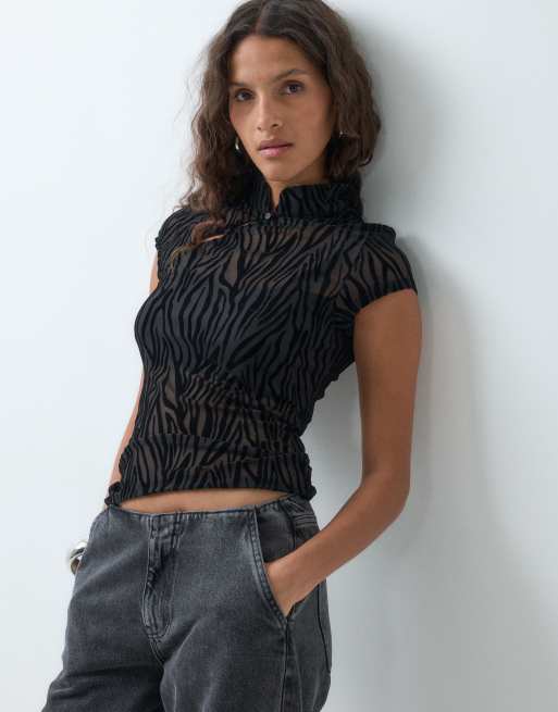 JJXX zebra flock mesh top in black, 3 of 5