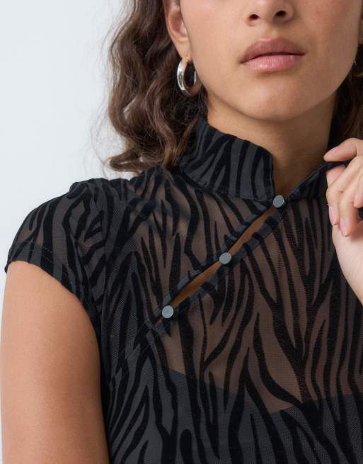 JJXX zebra flock mesh top in black, 5 of 5