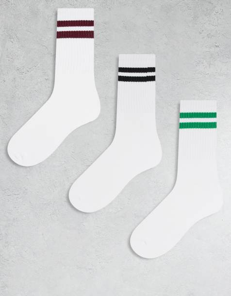 JJXX – Zestaw 3 par białych skarpetek sportowych z paskami w kolorach czarnym, bordowym i zielonym - view 1