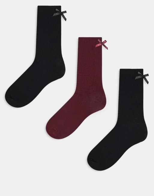 JJXX – Zestaw 3 par skarpetek z kokardką w kolorach bordowym i innych