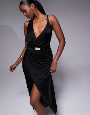 Jluxlabel Anniversary Belted Wrap Midaxi Dress In Black