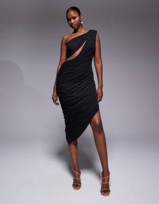 JLUXLABEL - Aura - Asymmetrisches Midikleid in Glitzer-Schwarz mit One-Shoulder-Träger, Zierausschnitt und Drapierung