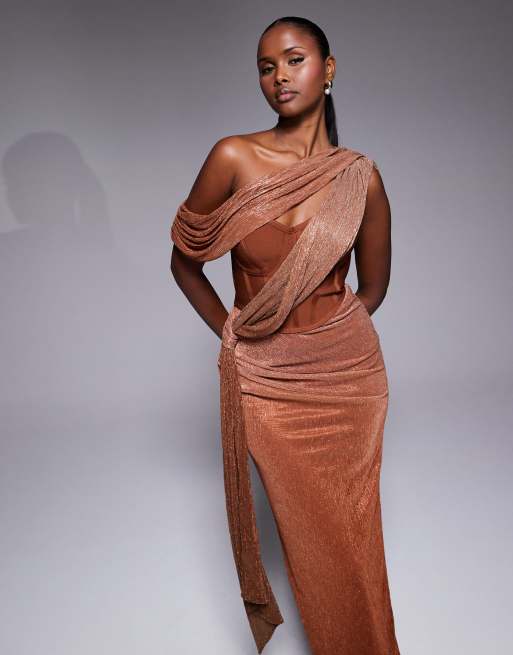 JLUXLABEL - Celestina - Bronzefarvet maxikjole med korsetsnit, drapering og glimmer, 4 af 4