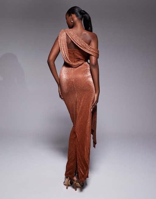 JLUXLABEL – Celestina – Drapiertes Korsett-Maxikleid in schimmerndem Bronze, 2 von 4