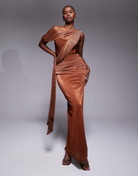 JLUXLABEL - Celestina - Robe longue scintillante à corsage drapé - Bronze - view 1