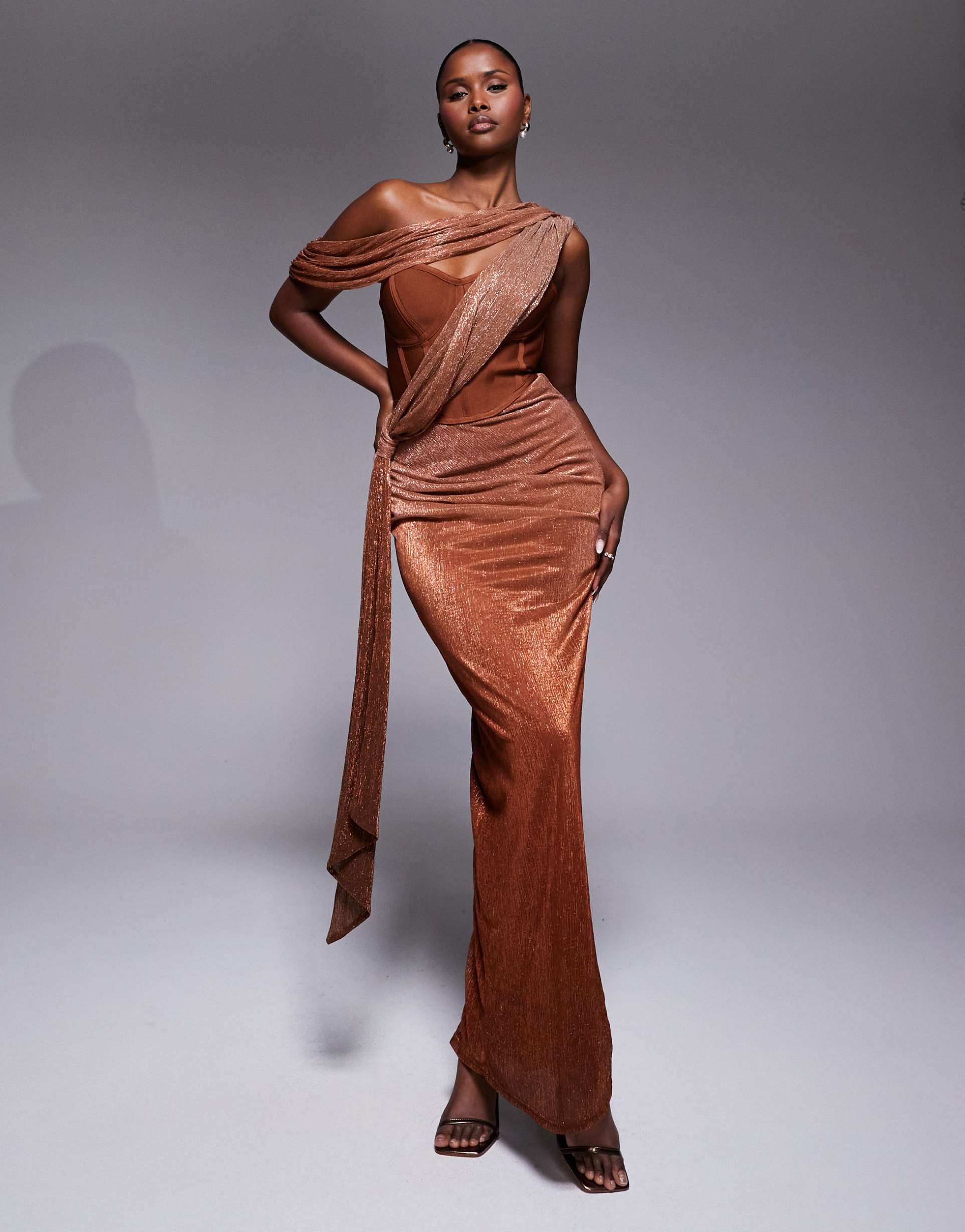 jluxlabel celestina shimmer draped corset maxi dress in bronze
