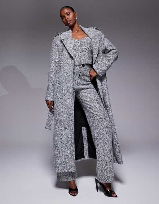 JLUXLABEL - Coordinato in tweed grigio con cappotto formale lungo, pantaloni e top a corsetto