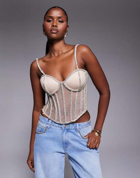 JLUXLABEL diamante sheer panel detail corset top in gold - view 1