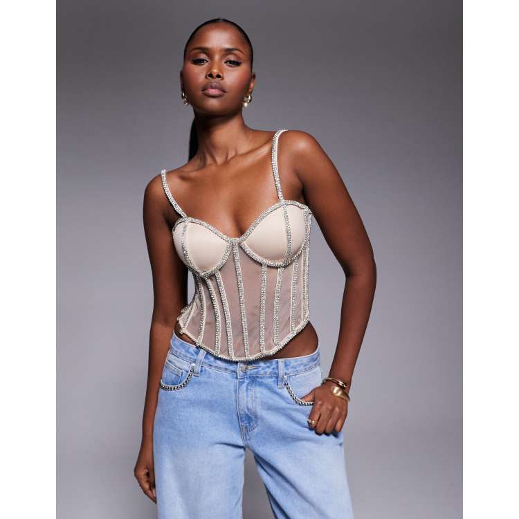 JLUXLABEL diamante sheer panel detail corset top in gold | ASOS