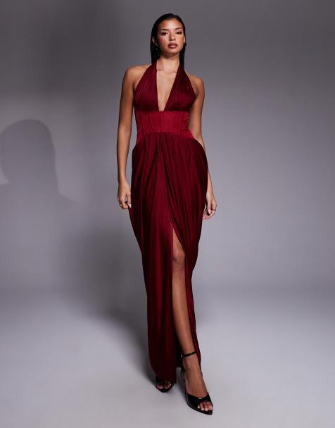 JLUXLABEL – Drape and Destiny – Maxikleid in Burgunderrot mit tiefem V-Ausschnitt - view 1