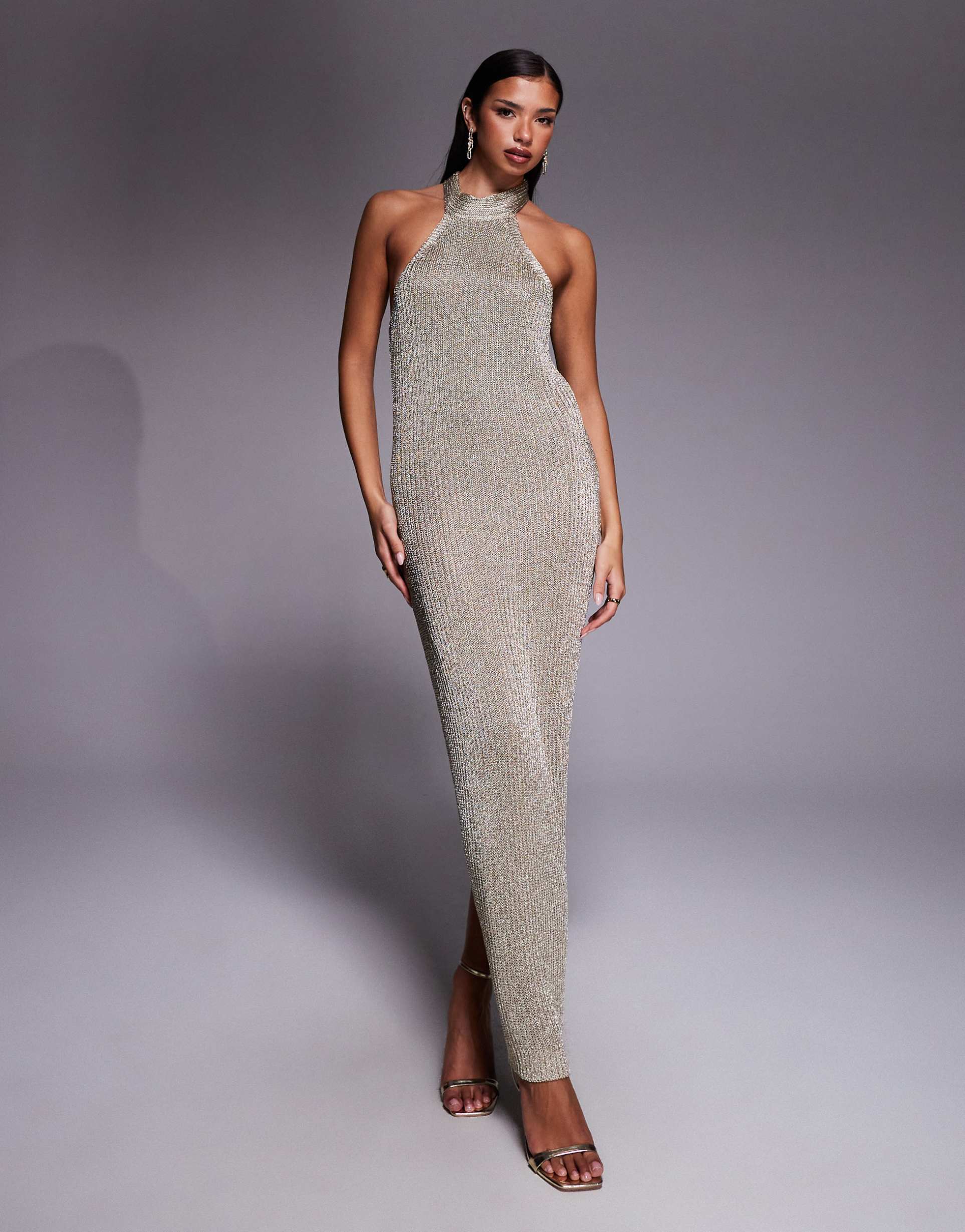 jluxlabel echo of light halter neck maxi dress in gold