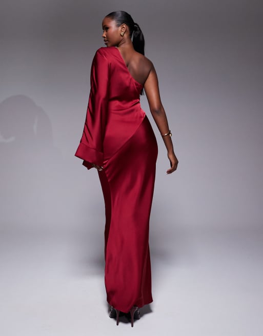 JLUXLABEL – Femme – Satin-Maxikleid in Rot mit Glockenärmel und One-Shoulder-Träger, 2 von 4
