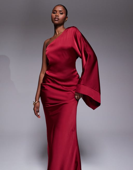 JLUXLABEL – Femme – Satin-Maxikleid in Rot mit Glockenärmel und One-Shoulder-Träger, 4 von 4