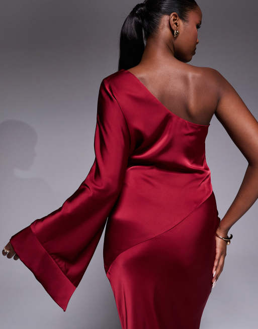 JLUXLABEL - Femme - Vestito lungo monospalla in raso con maniche a campana rosso, 3 di 4