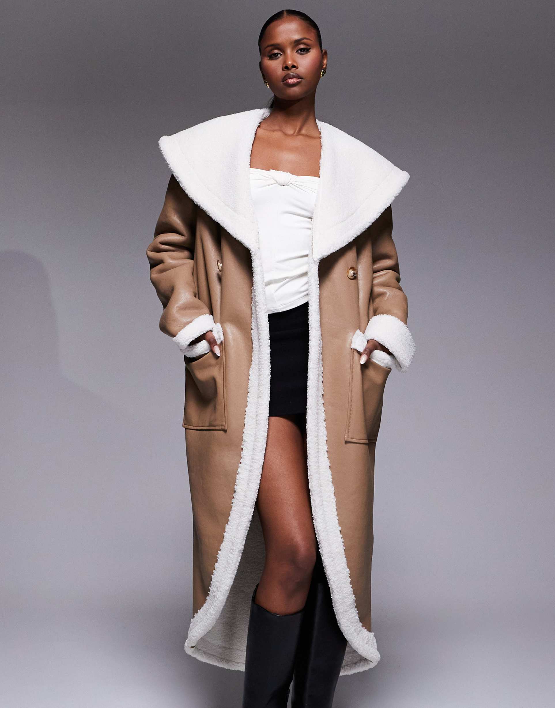 jluxlabel jaida reversible oversized collar teddy coat in beige and white