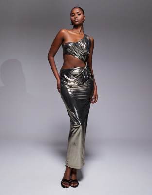 JLUXLABEL - Joce - Stretch-Maxikleid in Gold-Metallic, mit One-Shoulder-Träger, Knotendetail und Cut-outs-Goldfarben